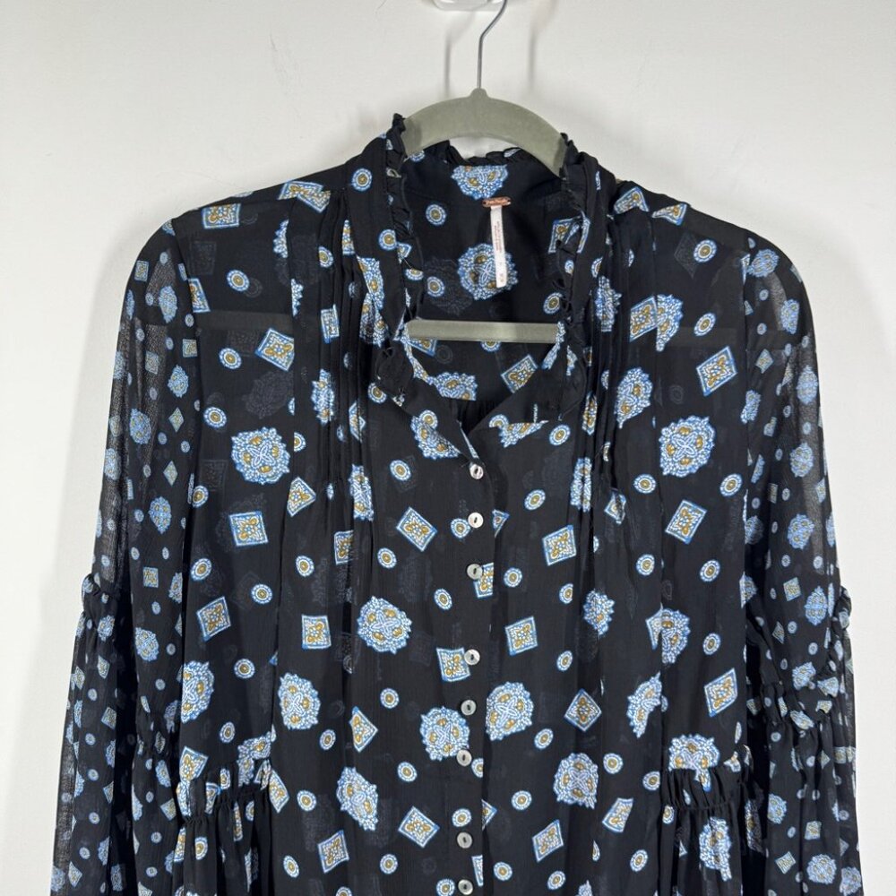 Free People Boho Turn Turn Sheer Mini Dress Size M Printed Festival Peasant - Picture 5 of 15